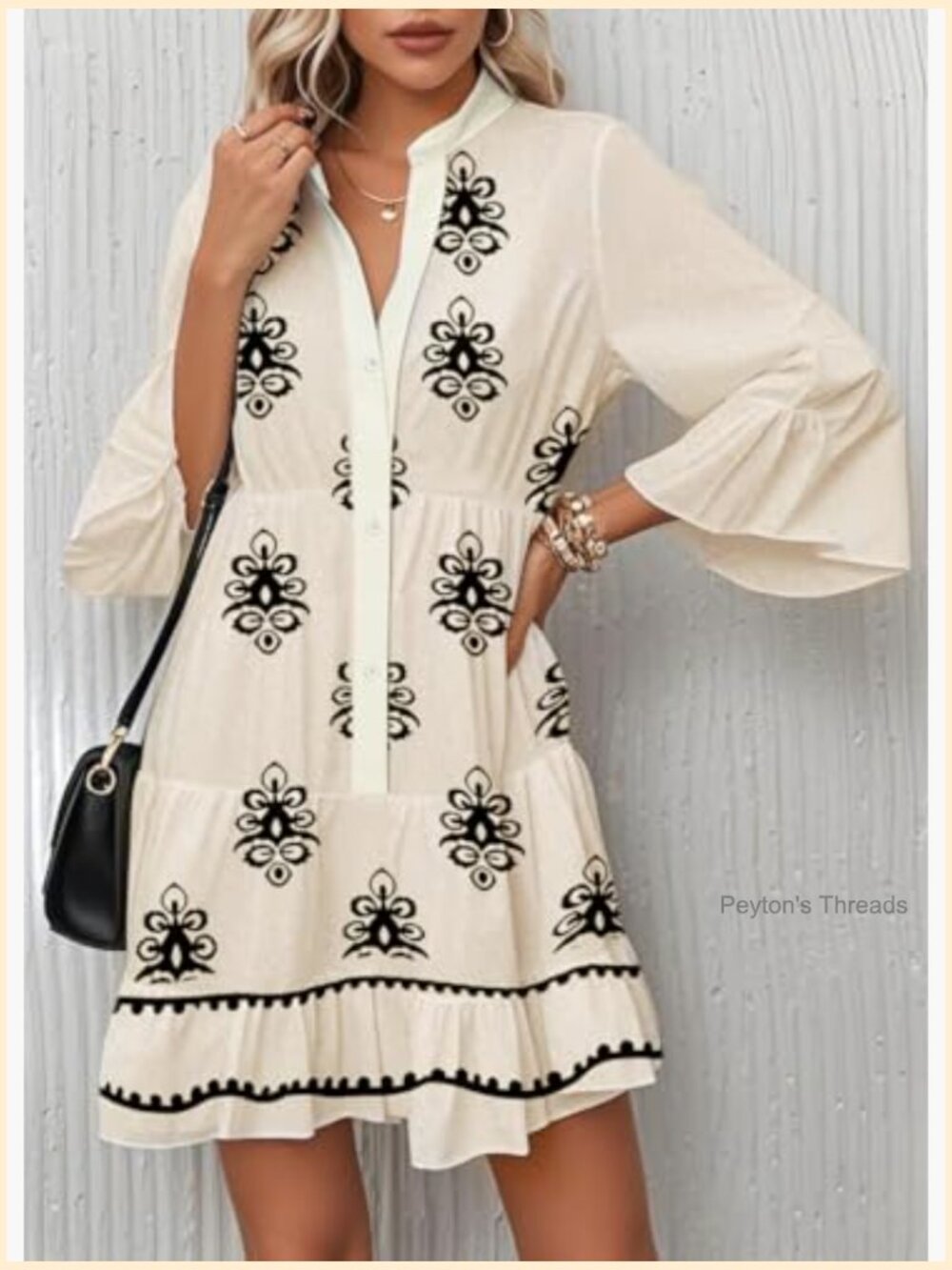 Flowy Ruffle 3/4 Sleeve V Neck Tiered Casual Babydoll Boho Beach Mini Dress - Picture 3 of 4